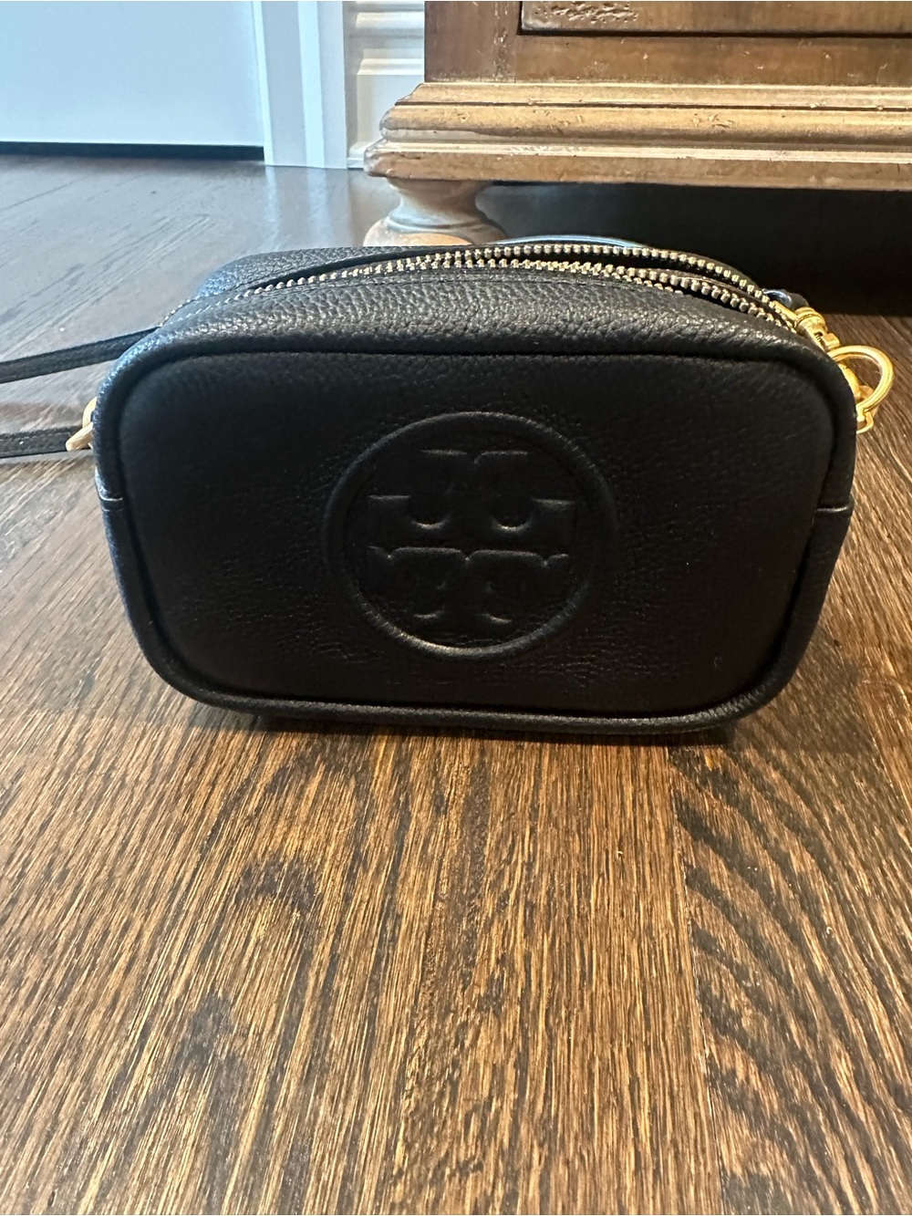 Tory Burch Black Pebbled Leather Logo Crossbody Camera Bag